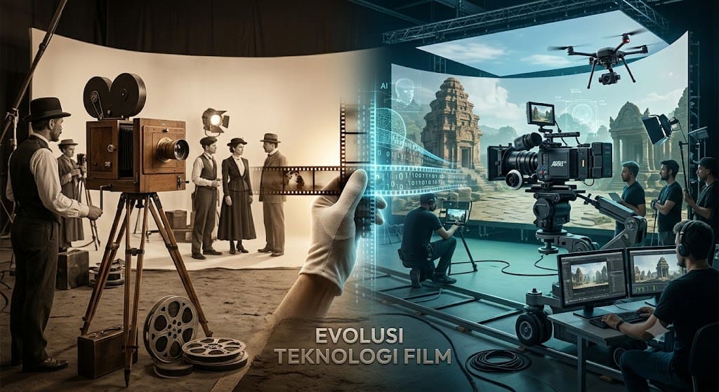Gambar perbandingan berdampingan yang mengilustrasikan evolusi teknologi film. Sisi kiri bergaya vintage menampilkan kru film tahun 1920-an di lokasi syuting dengan kamera engkol klasik dan rol film di lantai. Sisi kanan yang berteknologi tinggi menampilkan kru modern dengan kamera bioskop digital modern, drone, operator monitor, dan layar LED volume besar yang menampilkan lingkungan temple. Tangan tengah memegang rol film yang menyatu menjadi data AI bersinar, dengan teks besar secara vertikal "EVOLUSI TEKNOLOGI FILM".