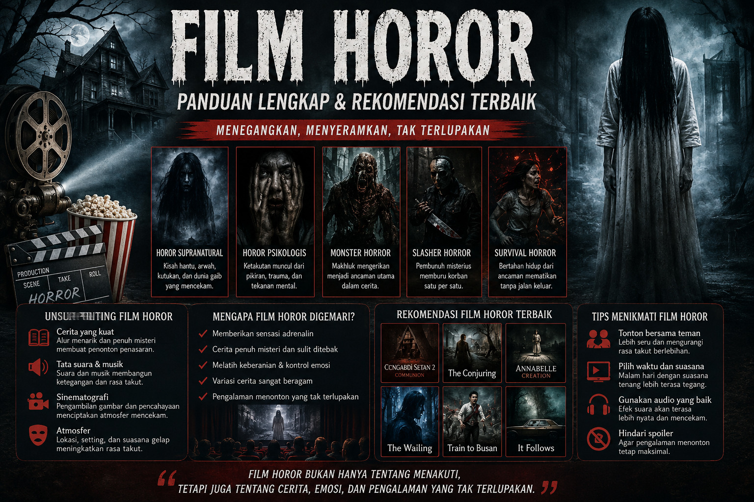 Infografik Film Horor yang menampilkan suasana menyeramkan dengan rumah berhantu, hutan berkabut, serta ilustrasi berbagai subgenre seperti horor supranatural, horor psikologis, monster, slasher, dan survival horror, lengkap dengan informasi mengenai unsur penting, daya tarik, serta pengalaman menonton film horor.